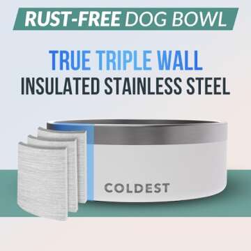 Coldest Dog Bowl - Anti Rust Metal & Non Slip Dog Bowls Large, Spill Proof Heavy Duty 3 Layers Insulated Dog Bowl - Food and Water Bowl for Dogs, Cats & Pets, Dishwasher Safe (64 oz, Epic White)
