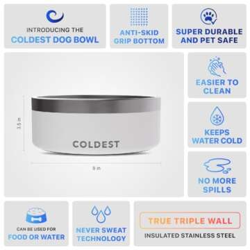 Coldest Dog Bowl - Anti Rust Metal & Non Slip Dog Bowls Large, Spill Proof Heavy Duty 3 Layers Insulated Dog Bowl - Food and Water Bowl for Dogs, Cats & Pets, Dishwasher Safe (64 oz, Epic White)