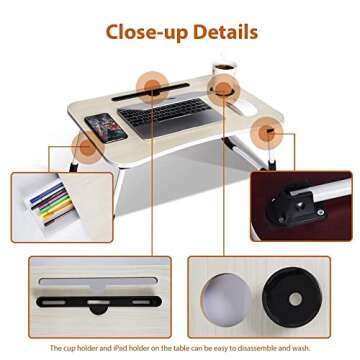 Lap Desk: Laptop Bed Desk Lap Tray Table Large Portable Foldable Computer bedtray, Laptop Lap Desk Stand with Cup Holder/Phone Holder/Storage Drawer for Working Writing Reading Eating Lapdesk, Beige