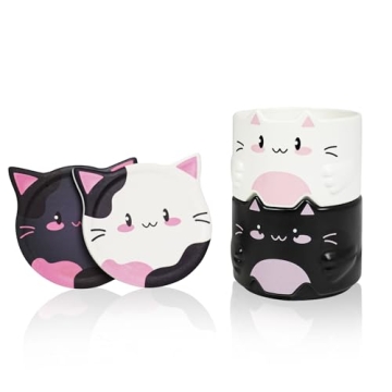 YOBRO Cat Mugs with Drink Coasters Set of 2, Stackable Ceramic Coffee Mug Sets for Best Friends, Whi...