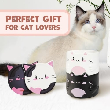 YOBRO Cat Mugs with Drink Coasters Set of 2, Stackable Ceramic Coffee Mug Sets for Best Friends, White and Black Cute Cat Mugs for Couples,Birthday Gift Set for Cat Lovers, 10oz