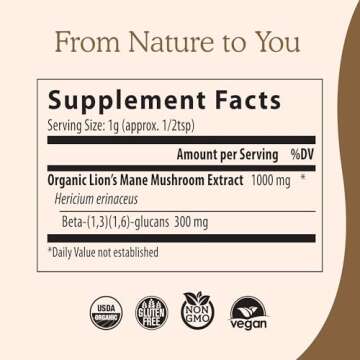 Real Mushrooms Lions Mane Powder - Organic Mushroom Extract for Cognitive Function Immune Support Brain Supplements Memory and Focus Vegan Supplement, 60 Servings