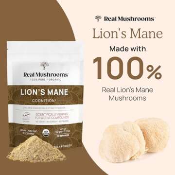 Real Mushrooms Lions Mane Powder - Organic Mushroom Extract for Cognitive Function Immune Support Brain Supplements Memory and Focus Vegan Supplement, 60 Servings