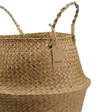 Large Seagrass Plant Basket with Handles, Wicker Woven Storage Basket (14.1“ Diameter x 13.8" Height), Natural)