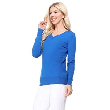 YEMAK Women's Knit Sweater Pullover – Long Sleeve V-Neck Basic Classic Casual Knitted Soft Lightwe...