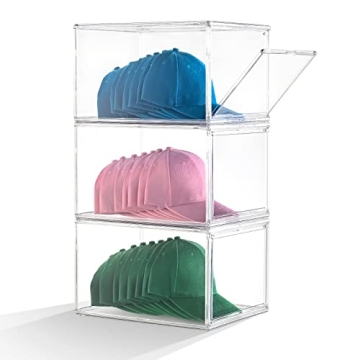 Hat Organizer Box for Baseball Caps, 3 Packs Baseball Cap Organizer, Hat Cap Acrylic Display Case, C...
