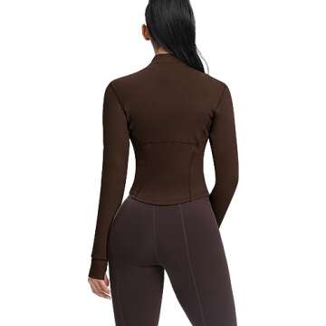 AVGO Women's Cropped Running Workout Jackets Zip Slim Fit Athletic Tops with Thumb Holes(Roasted Brown, M)