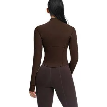 AVGO Women's Cropped Running Workout Jackets Zip Slim Fit Athletic Tops with Thumb Holes(Roasted Brown, M)