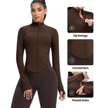 AVGO Women's Cropped Running Workout Jackets Zip Slim Fit Athletic Tops with Thumb Holes(Roasted Brown, M)