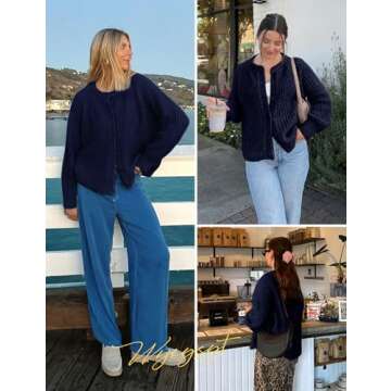 Wyeysyt Womens Cardigan Sweater Button Down Long Sleeve Chunky Soft Knit Sweater Fall Open Front Loose Casual Cardigan Coat(Navy-M)