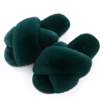 Evshine Women's Fuzzy Slippers Cross Band Memory Foam House Slippers Open Toe, Green, 40-41