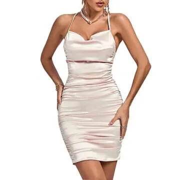 LYANER Women's Satin Spaghetti Straps Ruched Backless Bodycon Cocktail Mini Short Dress Champagne Small