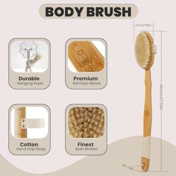Natural Dry Brush Set for Body and Face - Exfoliate, Stimulate Lymphatic Drainage, Reduce Cellulite - Dry Skin Brushing with Vegan, Boar Bristles and Sustainable Bamboo Handles