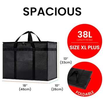 Insulated Cooler Bag and Food Warmer (XL Plus, 2 Pack) for Delivery & Grocery Shopping with Zippered...