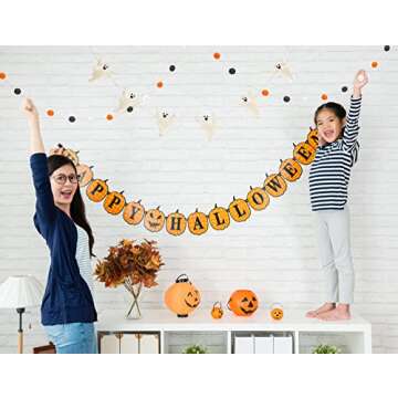 Glaciart One Felt Balls + Ghosts Garland (2 Pcs) - Easy to Hang Halloween Party Banner Decoration - 100% New Zealand Wool, Hand-Felted in Nepal - 5' Long, 22 Pom Poms, 6 Ghost Ornaments
