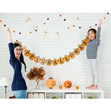Glaciart One Felt Balls + Ghosts Garland (2 Pcs) - Easy to Hang Halloween Party Banner Decoration - 100% New Zealand Wool, Hand-Felted in Nepal - 5' Long, 22 Pom Poms, 6 Ghost Ornaments