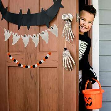 Glaciart One Felt Balls + Ghosts Garland (2 Pcs) - Easy to Hang Halloween Party Banner Decoration - 100% New Zealand Wool, Hand-Felted in Nepal - 5' Long, 22 Pom Poms, 6 Ghost Ornaments
