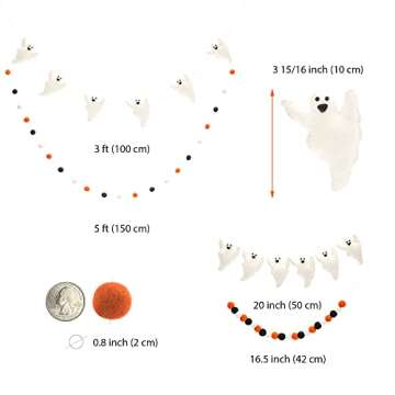 Glaciart One Felt Balls + Ghosts Garland (2 Pcs) - Easy to Hang Halloween Party Banner Decoration - 100% New Zealand Wool, Hand-Felted in Nepal - 5' Long, 22 Pom Poms, 6 Ghost Ornaments