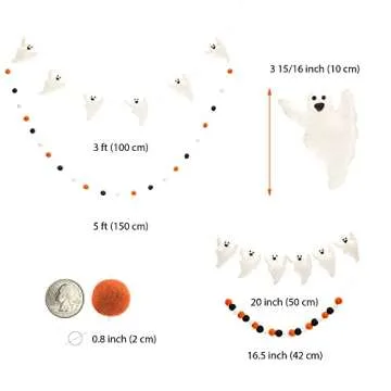 Glaciart One Felt Balls + Ghosts Garland (2 Pcs) - Easy to Hang Halloween Party Banner Decoration - 100% New Zealand Wool, Hand-Felted in Nepal - 5' Long, 22 Pom Poms, 6 Ghost Ornaments