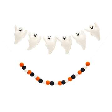 Glaciart One Felt Balls + Ghosts Garland (2 Pcs) - Easy to Hang Halloween Party Banner Decoration - 100% New Zealand Wool, Hand-Felted in Nepal - 5' Long, 22 Pom Poms, 6 Ghost Ornaments