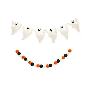 Glaciart One Felt Balls + Ghosts Garland (2 Pcs) - Easy to Hang Halloween Party Banner Decoration - 100% New Zealand Wool, Hand-Felted in Nepal - 5' Long, 22 Pom Poms, 6 Ghost Ornaments