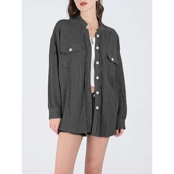 chouyatou Women's Loose Fit Batwing Sleeve Waffle Knit Button Down Shirt Shacket Tops (Small, Dark G...