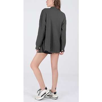 chouyatou Women's Loose Fit Batwing Sleeve Waffle Knit Button Down Shirt Shacket Tops (Small, Dark Grey)