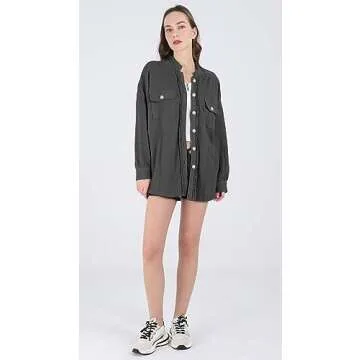 chouyatou Women's Loose Fit Batwing Sleeve Waffle Knit Button Down Shirt Shacket Tops (Small, Dark Grey)