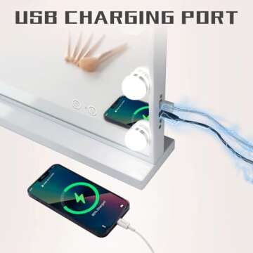 COOLJEEN Vanity Mirror with Lights, Hollywood Mirror with 15 Dimmable Bulbs and USB Charging Port, 3 Color Lighted Makeup Mirror 10X Magnification Makeup Mirror with Lights, Tabletop