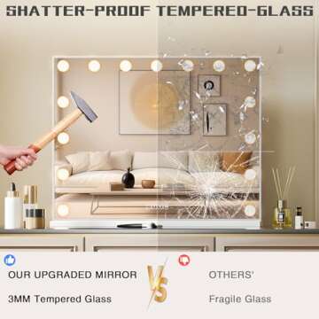 COOLJEEN Vanity Mirror with Lights, Hollywood Mirror with 15 Dimmable Bulbs and USB Charging Port, 3 Color Lighted Makeup Mirror 10X Magnification Makeup Mirror with Lights, Tabletop