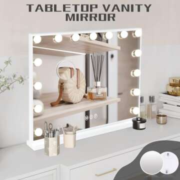 COOLJEEN Vanity Mirror with Lights, Hollywood Mirror with 15 Dimmable Bulbs and USB Charging Port, 3 Color Lighted Makeup Mirror 10X Magnification Makeup Mirror with Lights, Tabletop