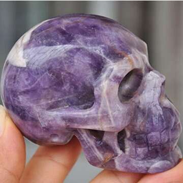 Natural Amethyst Carved Realistic Crystal Skull Sculpture Healing Energy Reiki Gemstone Collectible ...