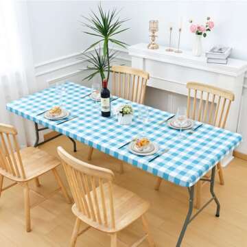 Smiry Rectangle Picnic Table Cloth, Elastic Waterproof Fitted Vinyl Tablecloth for 4 FT Tables, Flannel Backed Buffalo Plaid Table Covers for Dining, Camping, Outdoor (White and Aqua, 24" x 48")