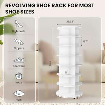 Gujiam 7-Tier Rotating Shoe Rack Tower 360 with Wheels, 66.9in Spinning Shoe Rack, Revolving Shoe Rack, Shoe Carousel Closet Organizer, Free Standing Shoe Rack for Entryway Living Room Hallway White