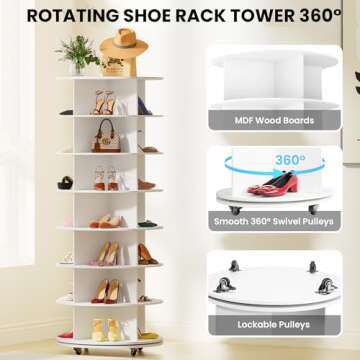 Gujiam 7-Tier Rotating Shoe Rack Tower 360 with Wheels, 66.9in Spinning Shoe Rack, Revolving Shoe Rack, Shoe Carousel Closet Organizer, Free Standing Shoe Rack for Entryway Living Room Hallway White