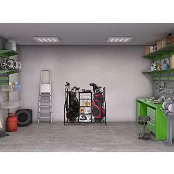 Morvat Golf Organizer Extra Large Double Metal Black Stand Perfect Way to Store & Organize Your Golfing Bags, Clubs, Balls, Gadgets, Accessories & Equipment in Shed, Basement, and Garage