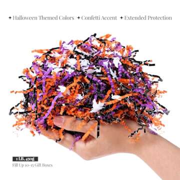 PAPER FAIR 1LB Halloween Metallic Black Orange Purple Crinkle Cut Paper with Ghost Confetti, Trick o...
