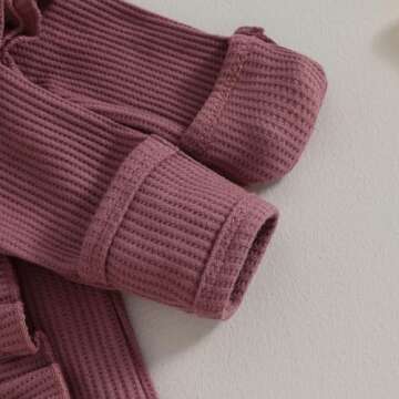 Twopumpkin Newborn Baby Boy Girl Knit jumpsuit Romper Newborn Coming Home Outfit Infant Fall Winter Spring Clothes with Hat (Ruffle Waffle Knit Purple, Newborn)