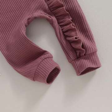 Twopumpkin Newborn Baby Boy Girl Knit jumpsuit Romper Newborn Coming Home Outfit Infant Fall Winter Spring Clothes with Hat (Ruffle Waffle Knit Purple, Newborn)