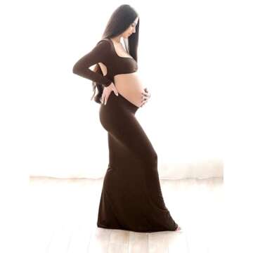 Dedysler Cut Out Maternity Gown for Photoshoot Long Sleeve Maxi Fit ＆Flare Club Party Dress Sexy Coffeeless Baby Shower(Coffee M)
