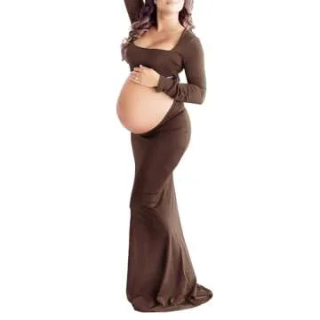 Dedysler Cut Out Maternity Gown for Photoshoot Long Sleeve Maxi Fit ＆Flare Club Party Dress Sexy Coffeeless Baby Shower(Coffee M)