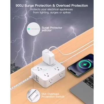 Extension Cord 20 Ft Power Strip Surge Protector with USB