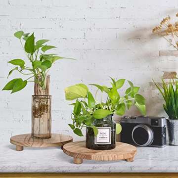 Woodreen 2 Pack Wood Stool Plant Riser, Round Small Plant Stand, Rustic Stool Flower Pot Holder, Modern Decorative Display Stand, Wooden Tray for Home Kitchen, Patio, Garden Decor