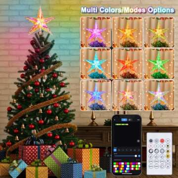 Christmas Star Tree Topper,11.8" 10LEDs Static Dynamic Lighted Christmas Tree Topper RGB Color Changing Treetop W/App Control USB Powered Xmas Tree Topper Music Sync Tree Top for Christmas