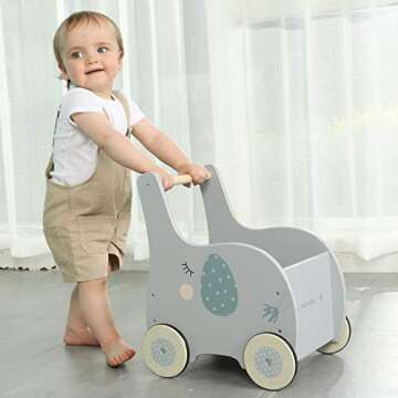 Grey Elephant-2-in-1 Baby Learning Walker Wooden Strollers - Toddler Baby Push Walker Toys with Whee...