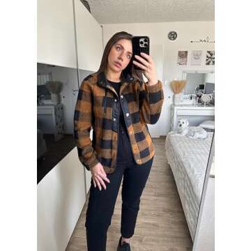 Zeagoo Womens Plaid Shacket 2024 Fall Fashion Soft Fleece Coat with Pockets Warm Snap Button Down Jacket