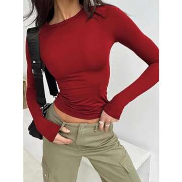 Womens Long Sleeve Shirts Basic Crop Tops Tight Slim Fit Cute Fall Winter Y2k Clothes 2025, Wine Red, S
