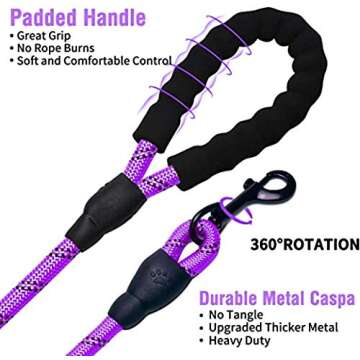 Two Sets of Dog Leash 5 FT Thick Durable Nylon Rope - Comfortable Padded Handle - Highly Reflective Threads - Dog Leashes for Medium and Large Dogs (Black Purple)