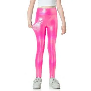 Gnainach Metallic Leggings Girls 5-6 Years Old Holographic Rose Red Fashion Smooth Dance Pants for Children Gymnastics