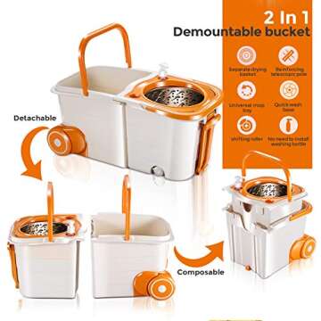 MASTERTOP Floor Spin Mop Bucket System with Wringer Set - Stainless Steel Mop Handle, Separate Clean...